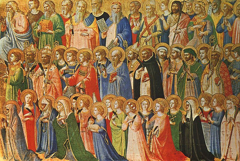 Panel painting of a great crowd of saints in ranks of colour, martyrs, bishops, and women among them, gathered and facing toward the light at the centre.