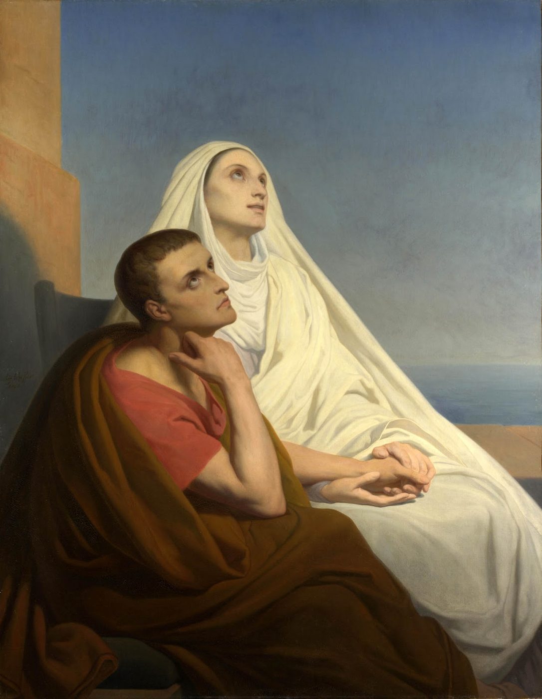 Painting of Augustine seated beside his mother Monica, the two of them looking upward together in shared quiet conversation.