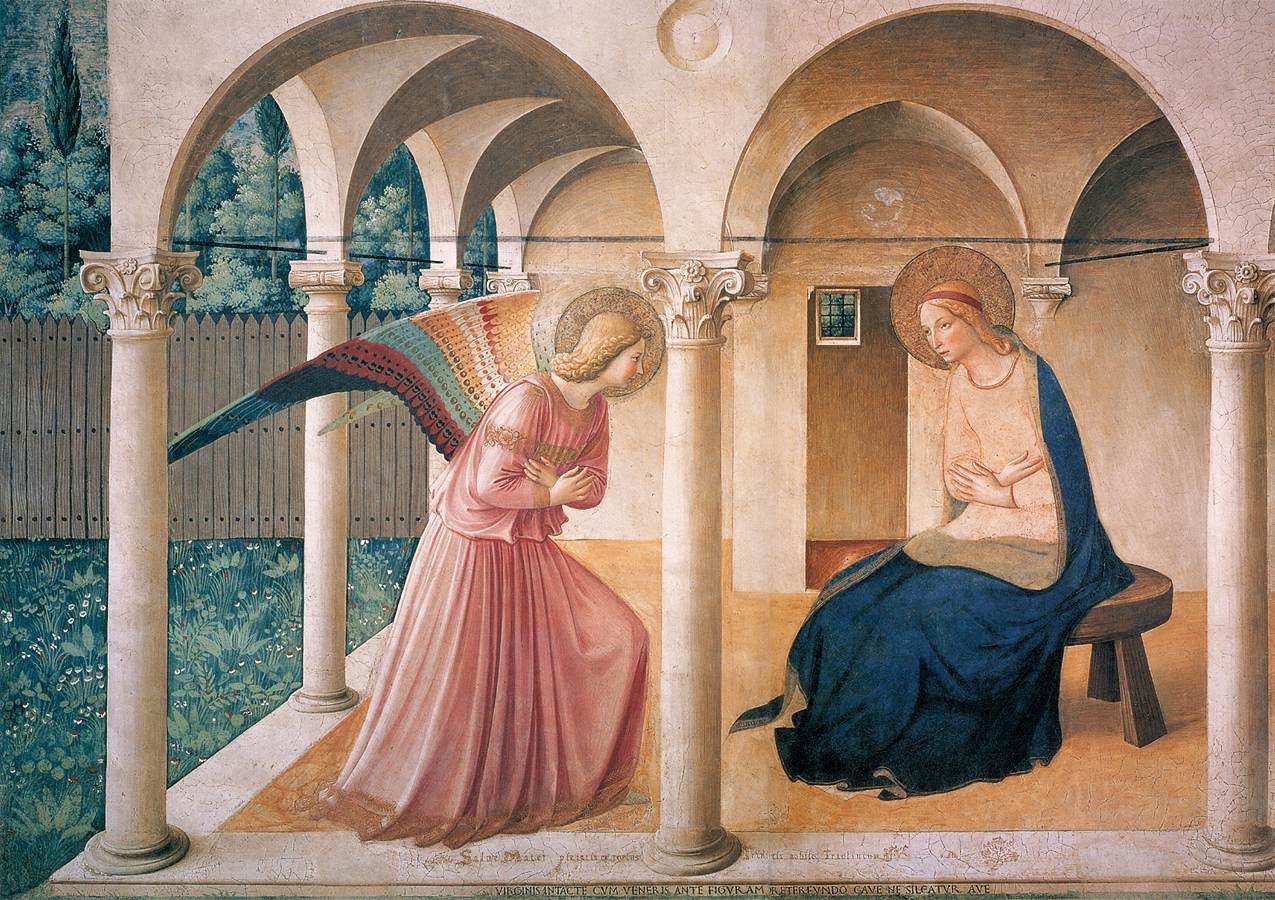 Early Renaissance panel painting of the angel Gabriel kneeling before Mary beneath an arcaded portico, both figures bowing slightly toward one another with hands crossed at the breast.