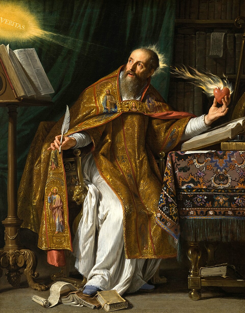 Painting of St. Augustine of Hippo seated in bishop's robes at a writing desk, quill in hand, looking up toward a flaming heart in the light.