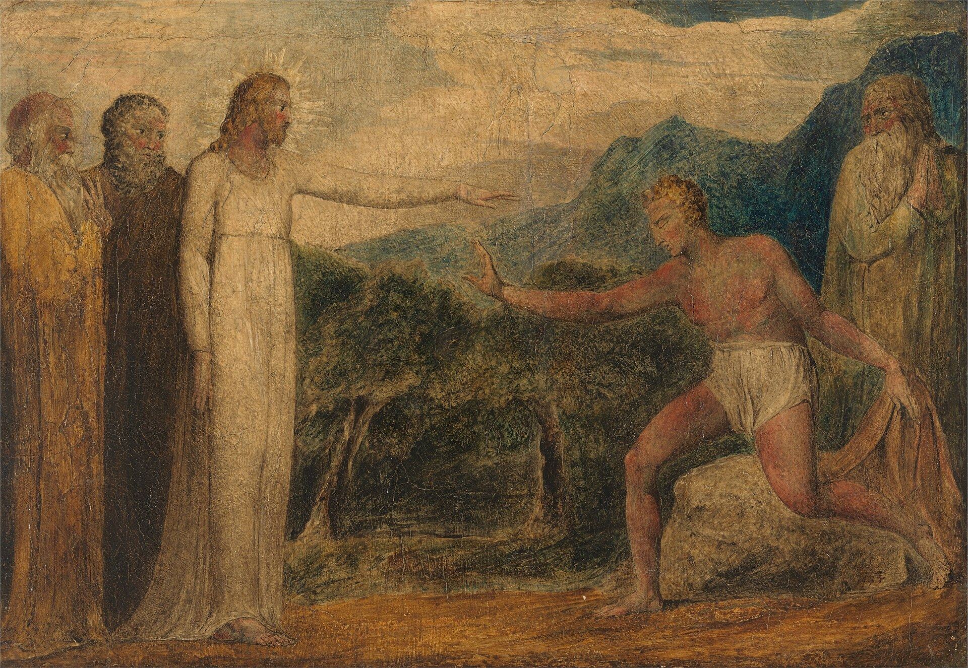 Painting of Christ laying his hands on the eyes of a kneeling beggar outside a city gate while a crowd watches from behind.