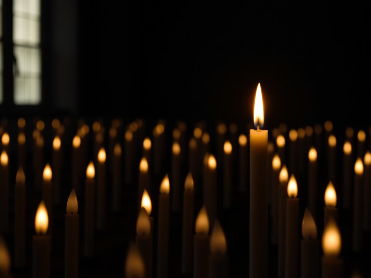 A single lit candle among many in a quiet chapel