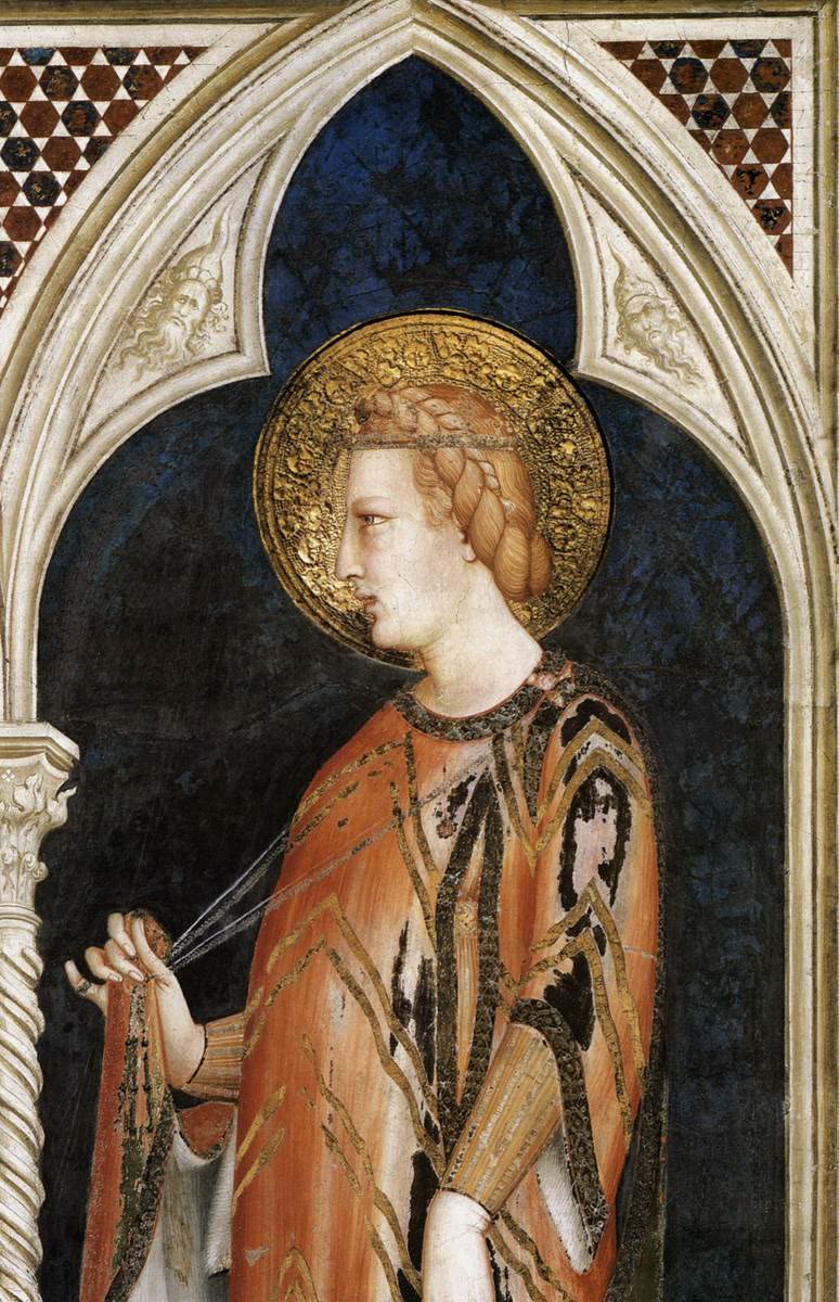 Fresco portrait of St. Elizabeth of Hungary, a crowned woman in a red mantle over a blue gown, holding a small book.