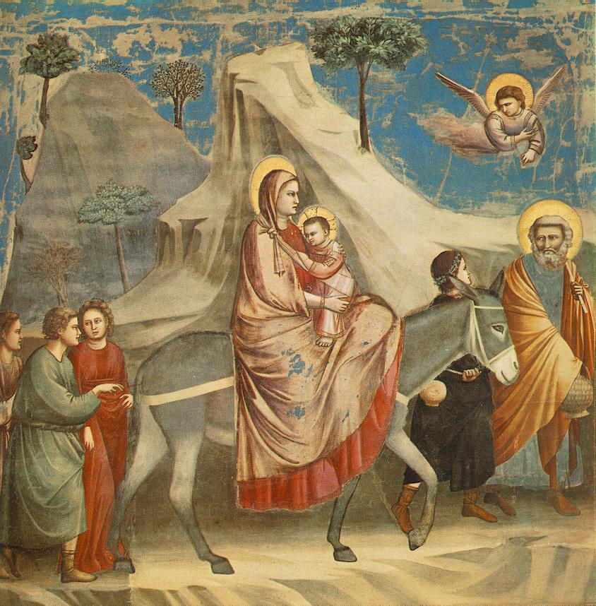 Fresco of Mary holding the child Jesus on a donkey while Joseph leads them away from their home country, a small group walking with them across bare rock.
