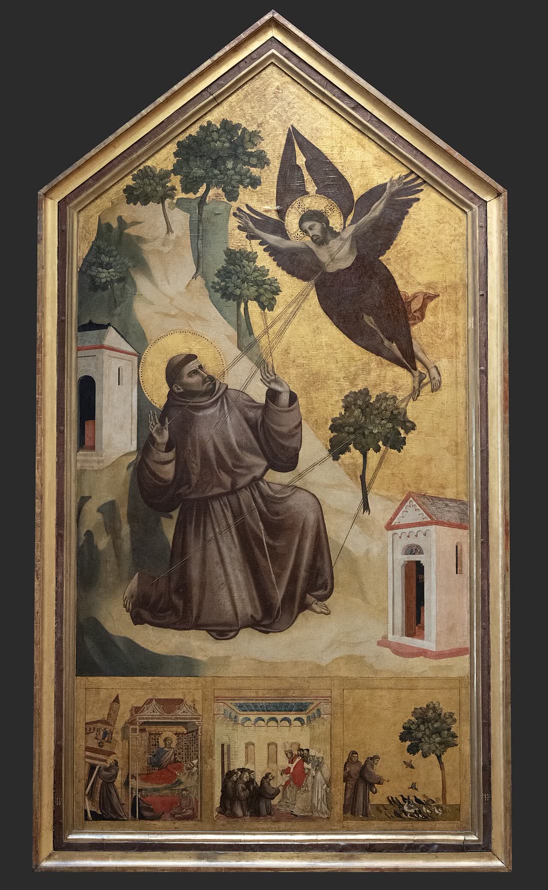 Fresco of St. Francis of Assisi kneeling on a rocky hillside, receiving the stigmata from a winged, crucified figure in the sky.