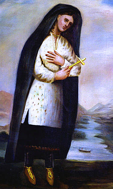 Painted portrait of Kateri Tekakwitha, a young Mohawk woman with dark hair, holding a crucifix, painted shortly after her death.