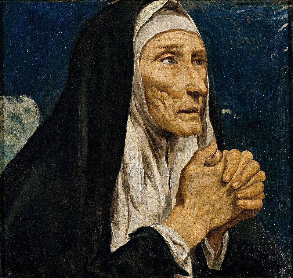 Painting of St. Monica in a dark habit and white wimple, her face turned slightly upward with an expression of long patience.