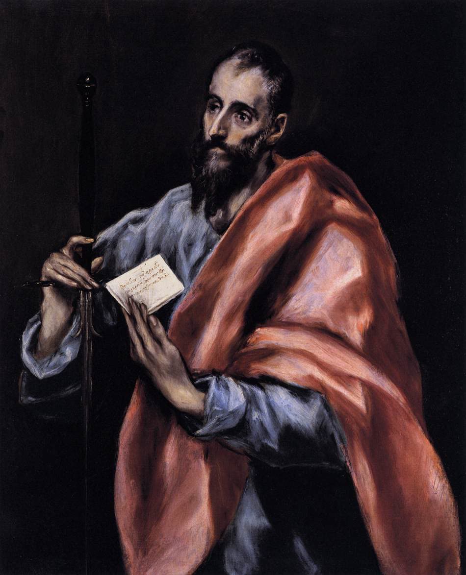 Painting of St. Paul, a bearded apostle in a red robe, holding a sword and a book.