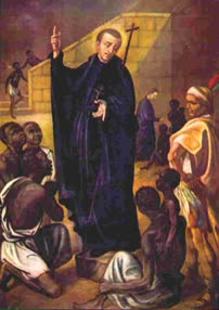 Painted portrait of St. Peter Claver, a Jesuit priest in a black cassock, shown from the chest up against a plain dark background.
