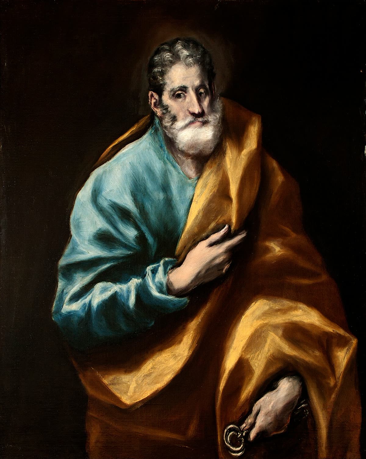 Painting of St. Peter, an elderly bearded apostle in a golden robe and blue mantle, holding a set of keys.