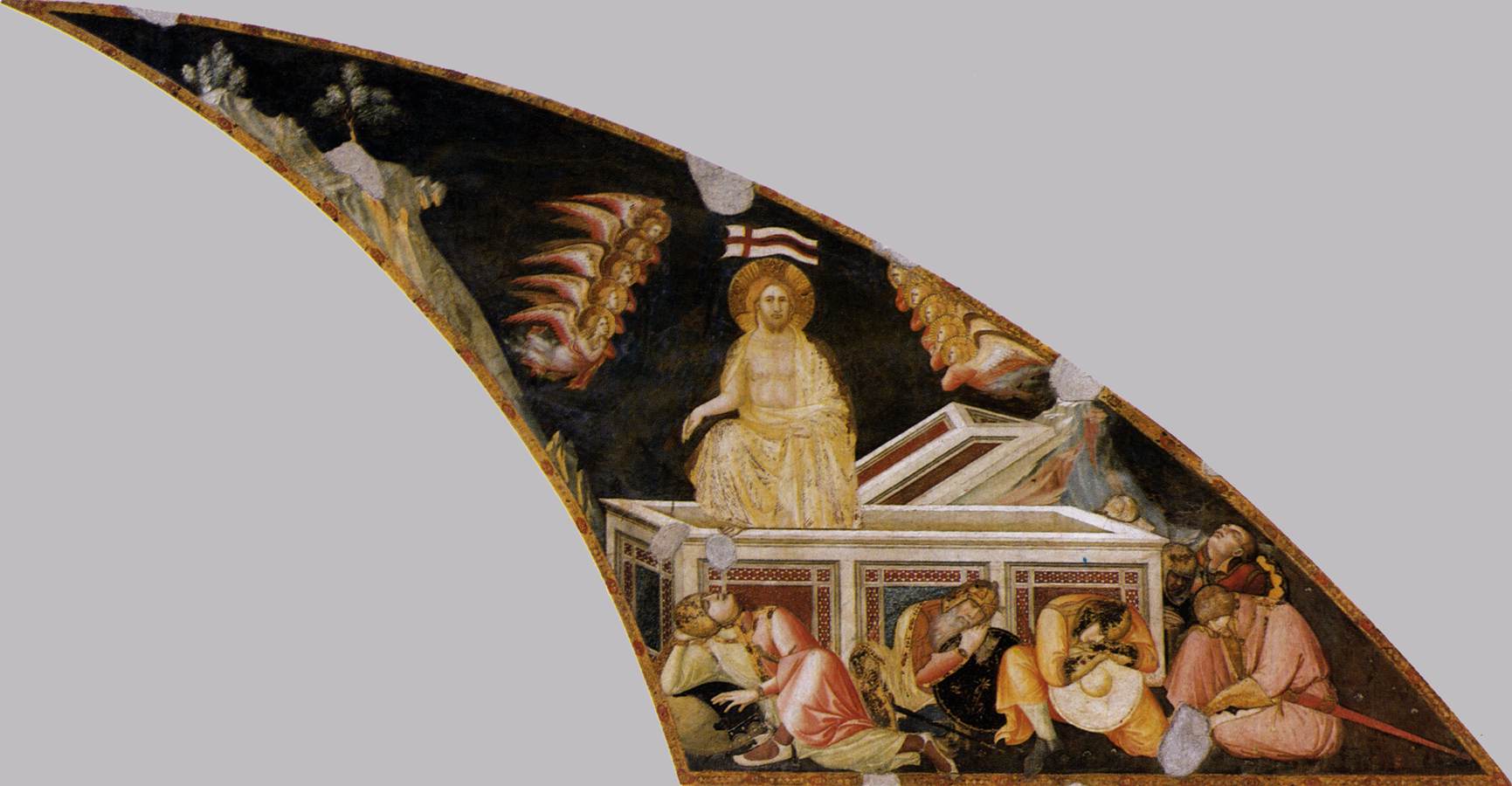 Fresco of the risen Christ stepping from the tomb while the soldiers set to guard it sleep around the stone.