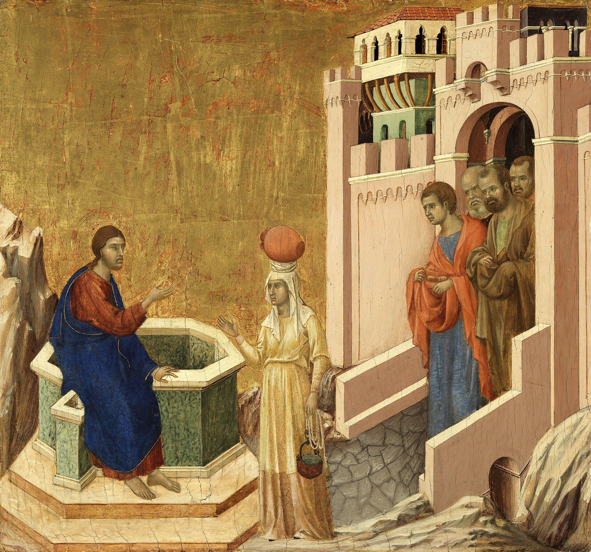 Gold-ground panel of Christ seated at a well in conversation with a Samaritan woman who holds her water jar, the disciples standing apart at the edge of the scene.