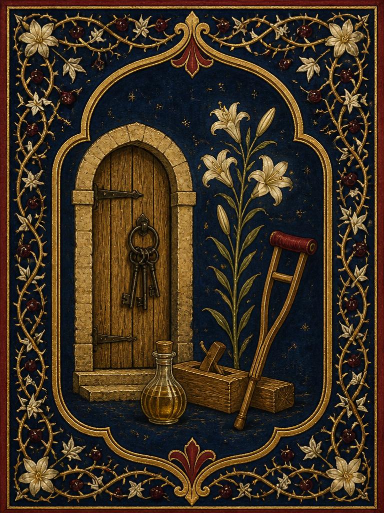 Symbolic panel for St. Andre Bessette: a humble porter's door with an iron key ring, the lily of St. Joseph, a small vial of oil, and a crutch left behind, painted in gold and deep blue in an illuminated manuscript style.