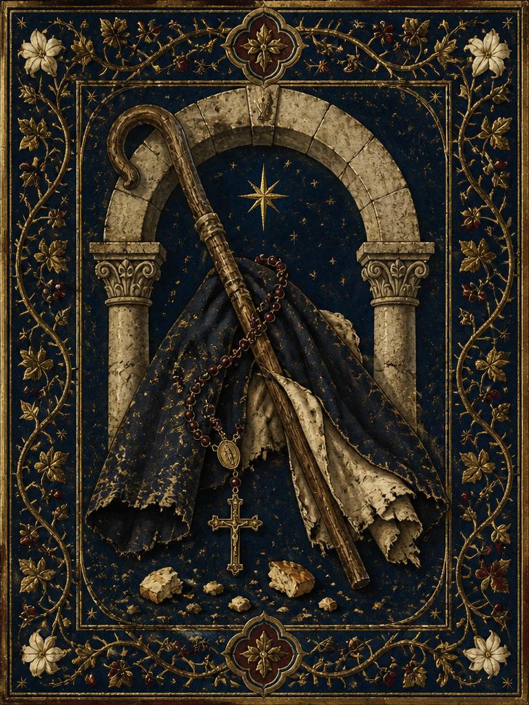 Symbolic panel for St. Benedict Joseph Labre: a pilgrim's staff crossed with a knotted rosary, a threadbare cloak, breadcrumbs, and a Roman stone arch, painted in gold and deep blue in an illuminated manuscript style.