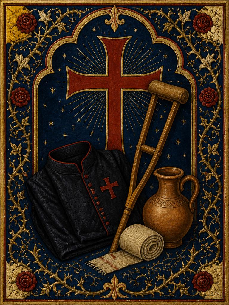 Symbolic panel for St. Camillus de Lellis: a large red cross above a dark folded cassock, a wooden crutch, a clay water ewer, and a rolled bandage, painted in gold and deep blue in an illuminated manuscript style.