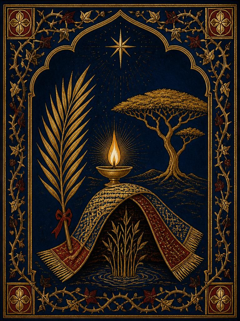 Symbolic panel for St. Charles Lwanga: a martyr's palm branch beside a single steady flame, a woven mantle sheltering young reeds, and an acacia tree on the horizon, painted in gold and deep blue in an illuminated manuscript style.