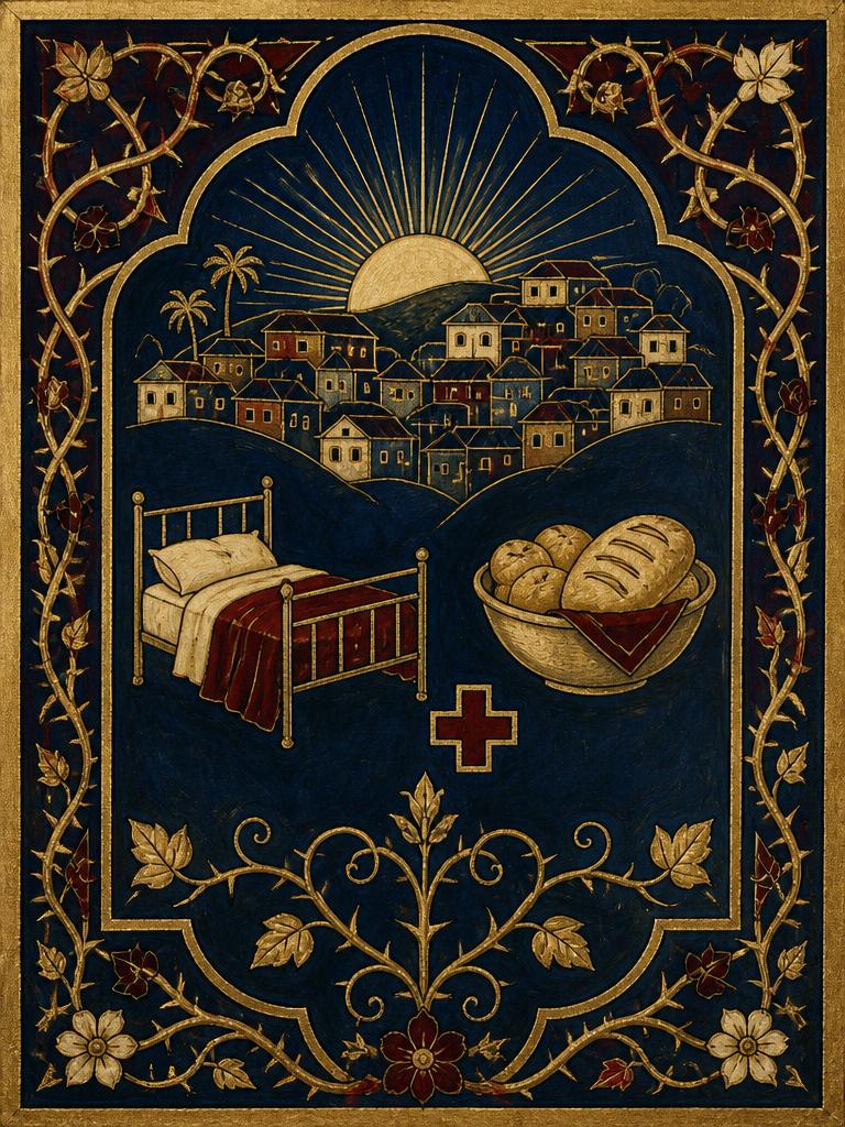 Symbolic panel for St. Dulce of the Poor: a simple bed and blanket, a bowl of bread, a small medical cross, and the hillside rooftops of a Brazilian neighbourhood under a rising sun, painted in gold and deep blue in an illuminated manuscript style.