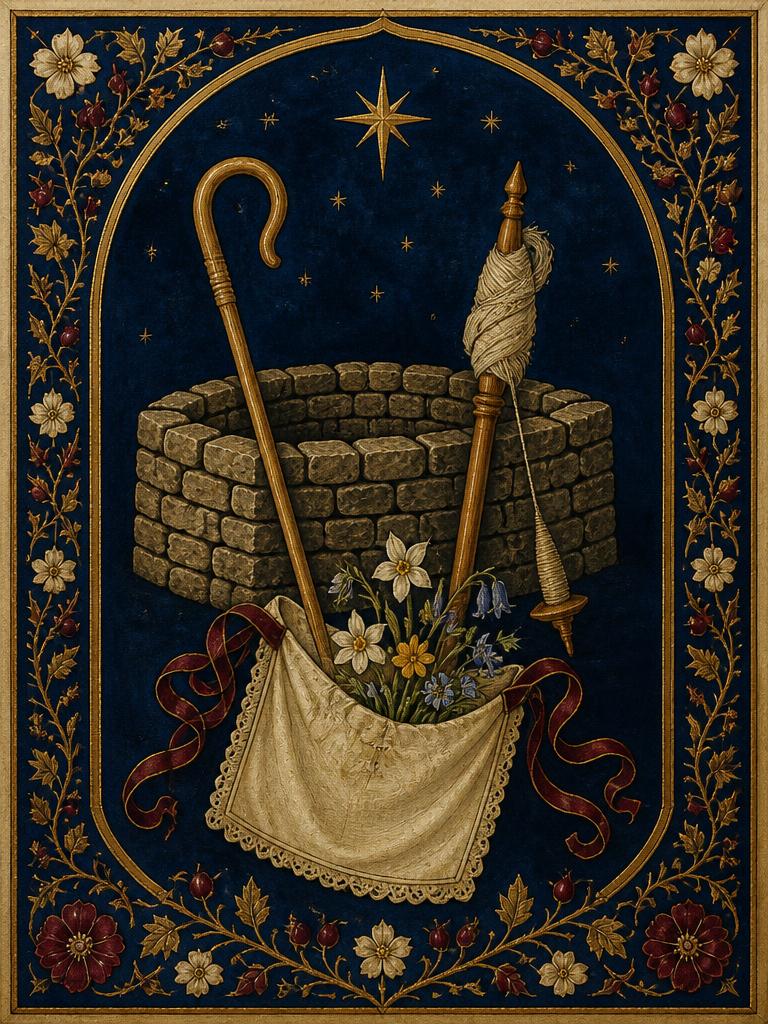 Symbolic panel for St. Germaine Cousin: a shepherd's crook at a stone sheepfold, a wooden distaff and spindle, and an apron holding spring wildflowers, painted in gold and deep blue in an illuminated manuscript style.