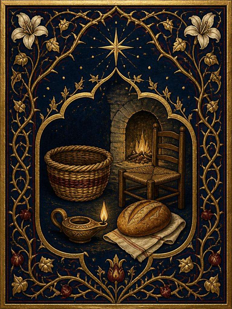 Symbolic panel for St. Jeanne Jugan: a woven begging basket, a small burning oil lamp, a loaf of bread, and a simple wooden chair beside a hearth, painted in gold and deep blue in an illuminated manuscript style.