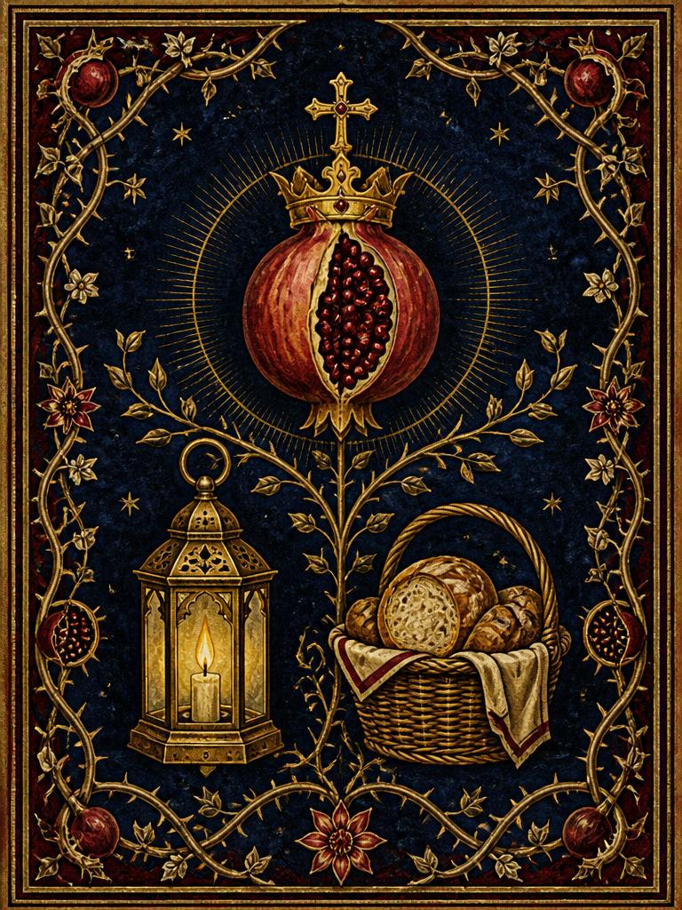 Symbolic panel for St. John of God: a pomegranate crowned with a small cross, a lit lantern, and a basket of bread, painted in gold and deep blue in an illuminated manuscript style.