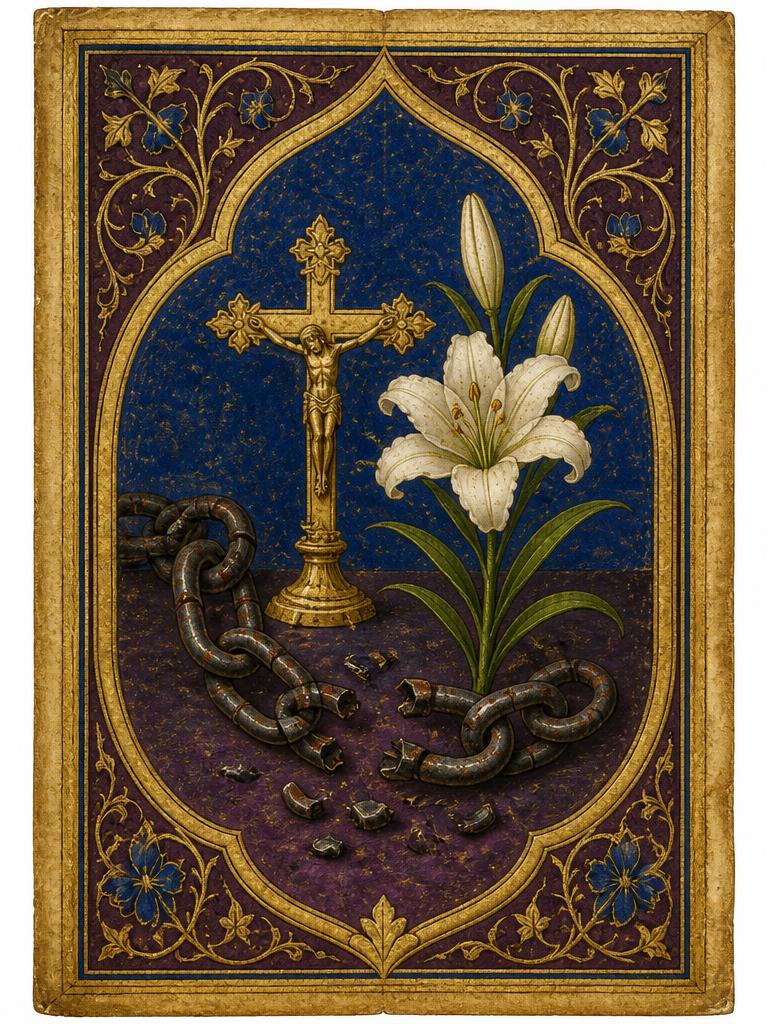 Symbolic panel for St. Josephine Bakhita: broken iron chains lying open on the ground beside a golden crucifix and a white lily, painted in gold and deep blue in an illuminated manuscript style.