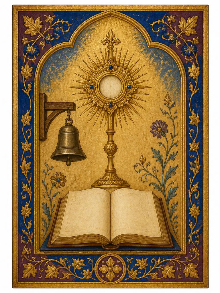 Symbolic panel for St. Katharine Drexel: an open book with blank pages beneath a golden monstrance and a small bronze school bell, painted in gold and deep blue in an illuminated manuscript style.