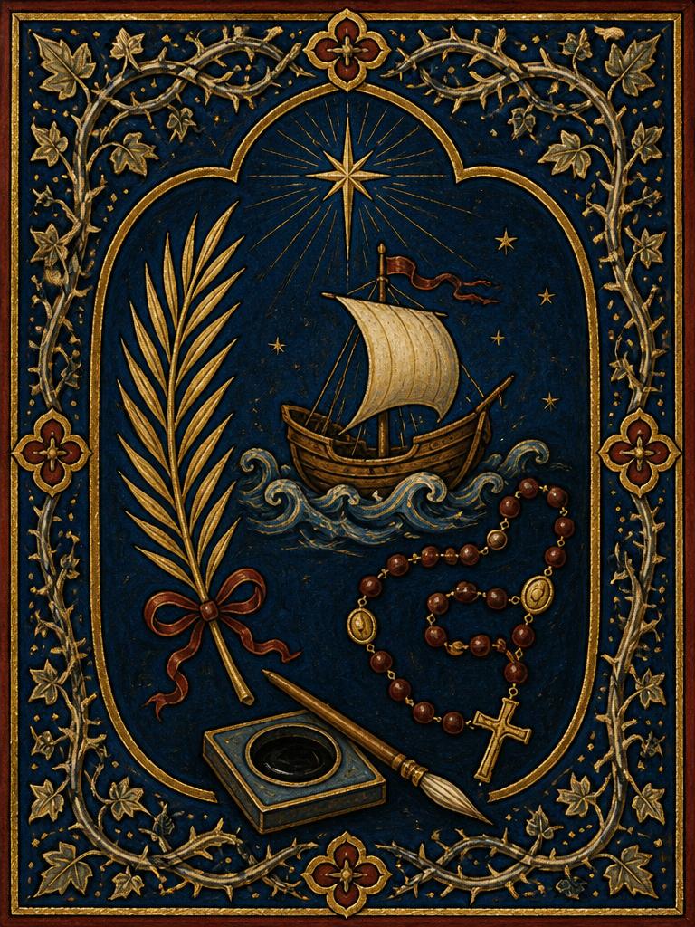 Symbolic panel for St. Lorenzo Ruiz: a martyr's palm branch, a small wooden sailing ship on stylized waves, a knotted rosary, and a scribe's brush with an inkstone, painted in gold and deep blue in an illuminated manuscript style.