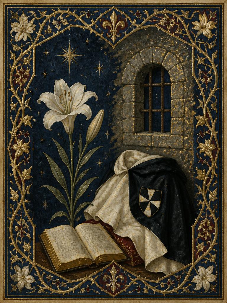 Symbolic panel for St. Margaret of Castello: a white lily beside a small barred window in a rough wall, a folded Dominican black and white mantle, and an open book, painted in gold and deep blue in an illuminated manuscript style.