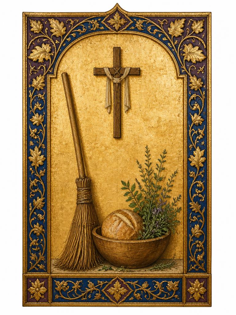 Symbolic panel for St. Martin de Porres: a straw broom leaning beside a wooden bowl of bread and green herbs under a plain wooden crucifix, painted in gold and deep blue in an illuminated manuscript style.
