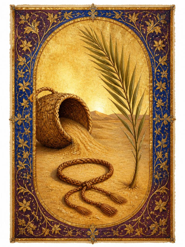 Symbolic panel for St. Moses the Black: a woven basket spilling sand across desert ground beside a knotted rope belt and a green palm frond, painted in gold and deep blue in an illuminated manuscript style.