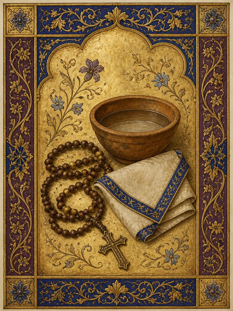 Symbolic panel for St. Teresa of Calcutta: a wooden rosary coiled beside a clay bowl of water and a folded white cloth with a blue border, painted in gold in an illuminated manuscript style.